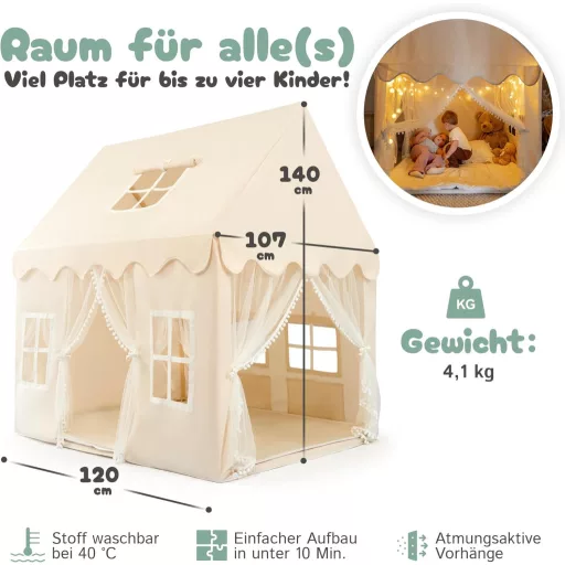 Detský stan GanzKind s 2 vchodmi a 5 oknami, béžový, pre deti od 3 rokov