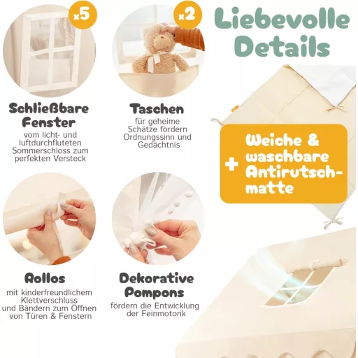 GanzKind Gyerekház Sátor 2 Bejárattal 5 Ablakkal Bézs Játszósátor 3+ Éveseknek