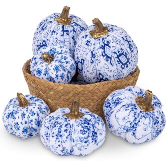   Briful 6 db Kék-Fehér Textil Dísztök Szett - Őszi Dekoráció Halloween-re, Nappali Asztalra - Élethű Műnövény Különböző Méretekben