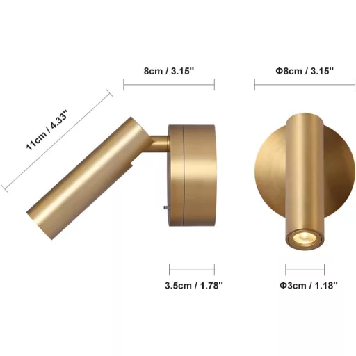 DAWALIGHT Fali Olvasólámpa Sárgaréz LED 3W Meleg Fehér Hálószobai Fali Lámpa Kapcsolóval
