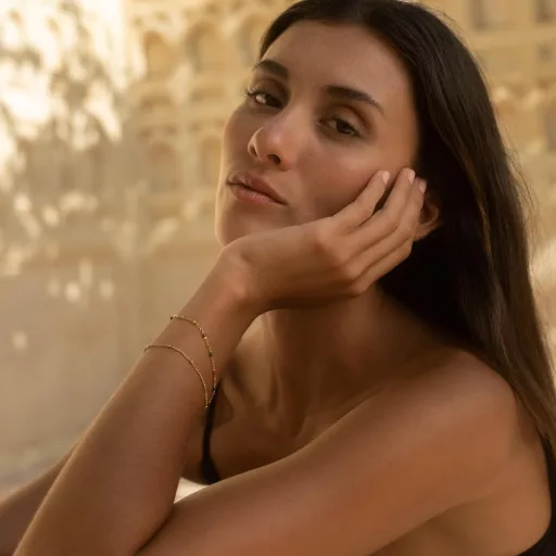 Brățară damă dublă Nami - Oțel inoxidabil auriu cu mărgele colorate, 20+5 cm, bijuterie Chakra rezistentă la apă