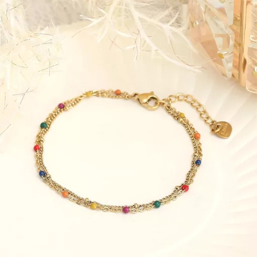 Brățară damă dublă Nami - Oțel inoxidabil auriu cu mărgele colorate, 20+5 cm, bijuterie Chakra rezistentă la apă