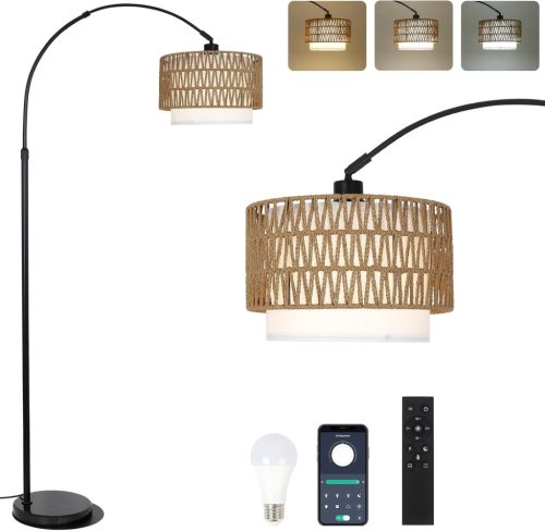 Lampadar arcuit Rayofly - cu abajur dublu din ratan, telecomandă și bec LED, control prin aplicație, iluminat vintage în stil boho