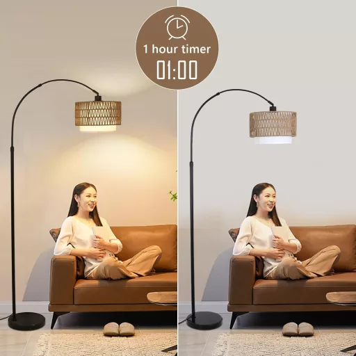 Rayofly Ívelt Állólámpa - Rattan Kettős Lámpaernyővel, Távirányítóval és LED Izzóval, Alkalmazásvezérléssel, Boho Stílusú Vintage Világítás
