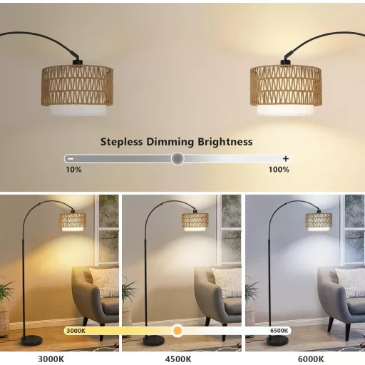 Rayofly Ívelt Állólámpa - Rattan Kettős Lámpaernyővel, Távirányítóval és LED Izzóval, Alkalmazásvezérléssel, Boho Stílusú Vintage Világítás