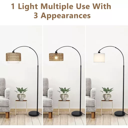 Rayofly Ívelt Állólámpa - Rattan Kettős Lámpaernyővel, Távirányítóval és LED Izzóval, Alkalmazásvezérléssel, Boho Stílusú Vintage Világítás