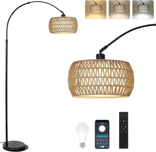 Lampadar Curbat Rayofly cu Abajur din Rattan - Lampă de Podea Vintage Boho cu Telecomandă, Bec LED, Control prin Aplicație, Dimmer