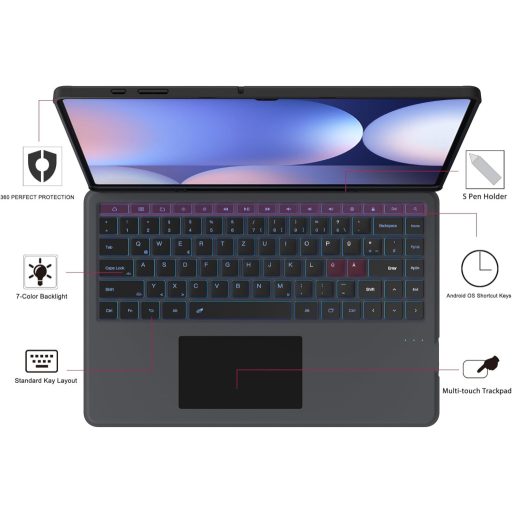 ROOFEI Galaxy Tab S10Ultra/S9 Billentyűzetes Tok QWERTZ Érintőpaddal 7 Szín LED