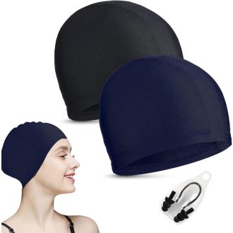   BNOYONERAS Set kapa za plivanje, 2 komada, protuklizne, elastične, unisex, crno-plave, s čepićima za nos i zaštitom za uši, za odrasle i djecu.