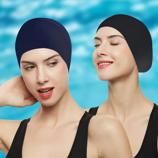 BNOYONERAS Set kapa za plivanje, 2 komada, protuklizne, elastične, unisex, crno-plave, s čepićima za nos i zaštitom za uši, za odrasle i djecu.