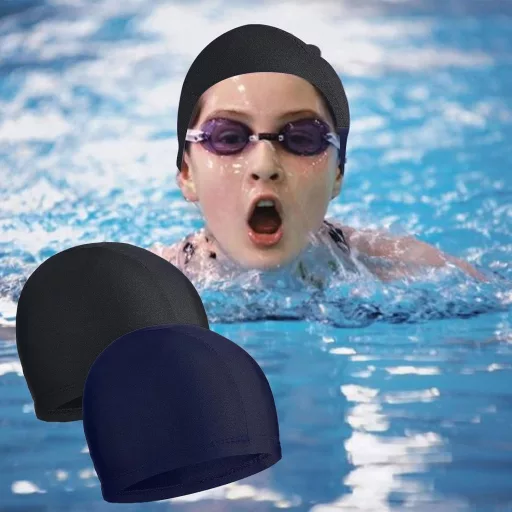 BNOYONERAS Set kapa za plivanje, 2 komada, protuklizne, elastične, unisex, crno-plave, s čepićima za nos i zaštitom za uši, za odrasle i djecu.