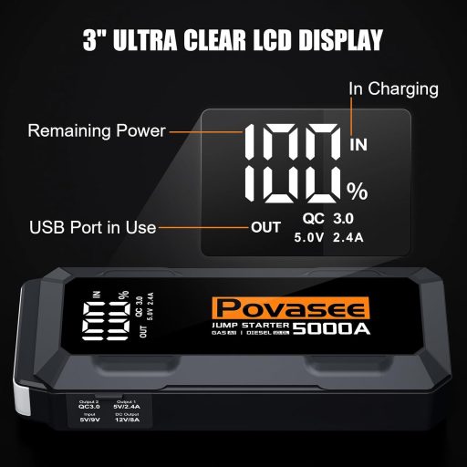 Povasee 5000A Autó Indítóakkumulátor LCD Kijelzővel és USB Portokkal