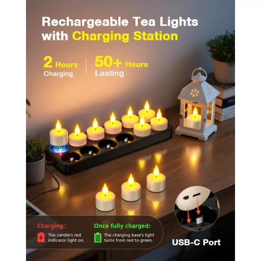 Lumânări LED SoulBay, 12 bucăți, reîncărcabile, cu telecomandă și funcție de temporizare.