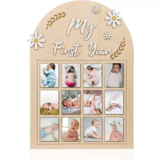   NQEUEPN Okvir za fotografije prve godine bebe - 3D okvir za slike s tratinčicama za 12 mjeseci fotografija - Drvena ploča za uspomene za novorođenče - Prvi rođendan