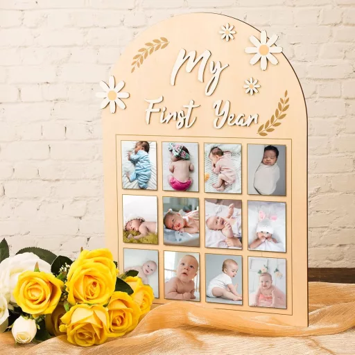 NQEUEPN Okvir za fotografije prve godine bebe - 3D okvir za slike s tratinčicama za 12 mjeseci fotografija - Drvena ploča za uspomene za novorođenče - Prvi rođendan