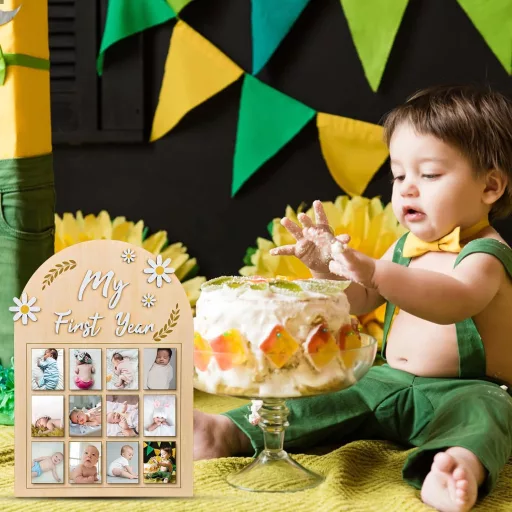 NQEUEPN Okvir za fotografije prve godine bebe - 3D okvir za slike s tratinčicama za 12 mjeseci fotografija - Drvena ploča za uspomene za novorođenče - Prvi rođendan