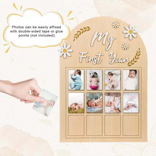 NQEUEPN Baba Első Év Fotókeret - 3D Margaréta Virágos Képtartó 12 Hónapos Fotósorozathoz - Fa Emléktábla Újszülött Emlékekhez - Első Születé