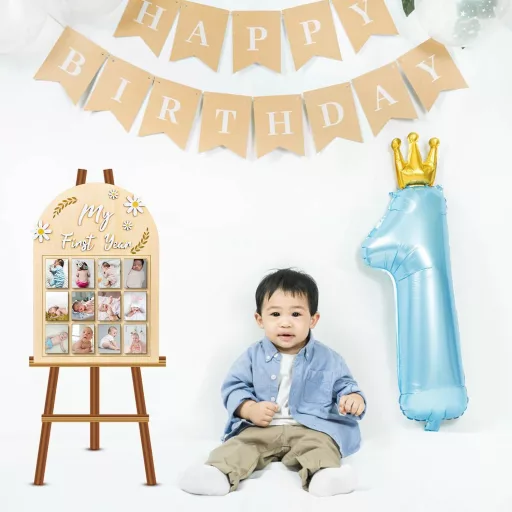 NQEUEPN Baba Első Év Fotókeret - 3D Margaréta Virágos Képtartó 12 Hónapos Fotósorozathoz - Fa Emléktábla Újszülött Emlékekhez - Első Születé