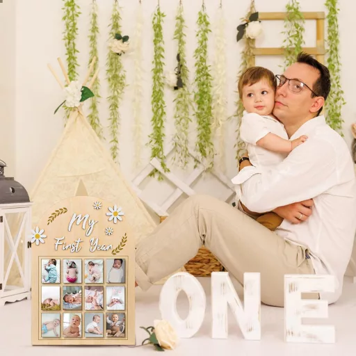 NQEUEPN Baba Első Év Fotókeret - 3D Margaréta Virágos Képtartó 12 Hónapos Fotósorozathoz - Fa Emléktábla Újszülött Emlékekhez - Első Születé