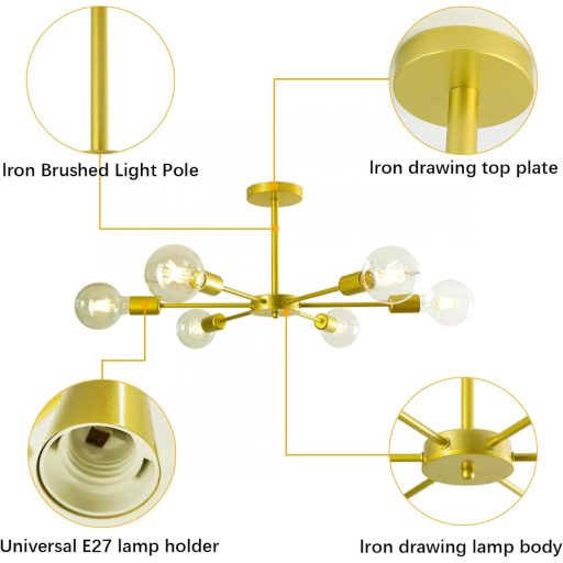 ZTWLEED Vintage Stropna Svjetiljka 6 Žarulja E27 Zlatna Industrijski Retro Stil 82cm