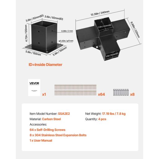 VEVOR Posztösszekötő 92x92mm Sarokcsatlakozó 4 Darabos Pergola Pavilon Alapzat