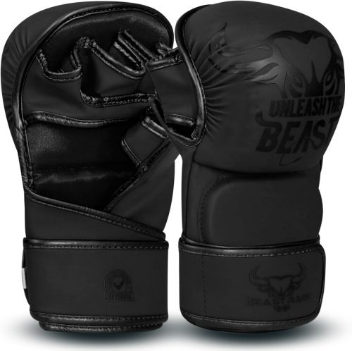 Mănuși MMA BEAST RAGE cu suport reglabil pentru încheietură - Mănuși de arte marțiale cu palmă deschisă pentru antrenamente Muay Thai, lupte în cușcă, Taekwondo și Kickbox