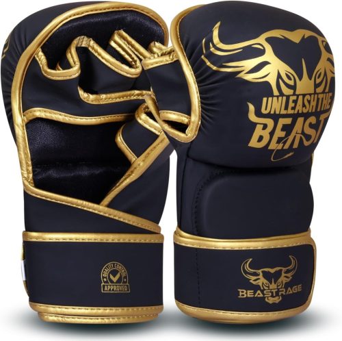 BEAST RAGE MMA Kesztyű Nyitott Tenyérrel - Állítható Csuklótámasz, Unisex Küzdősport Kesztyű Muay Thai, Kickbox, Taekwondo Edzéshez - S/M, P