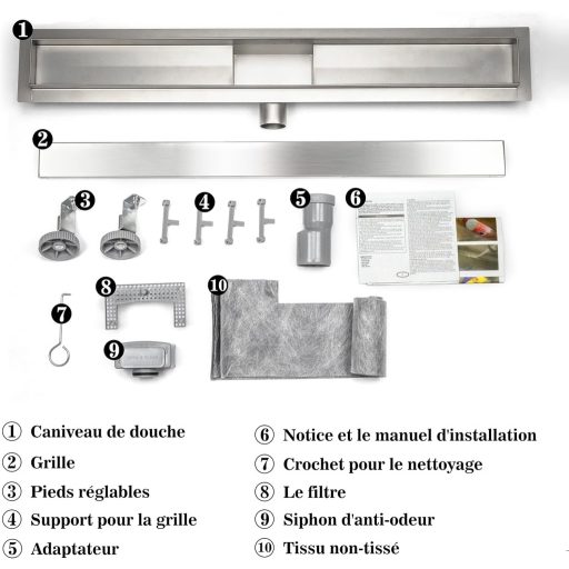 HAPAOSO 2 în 1, sifon de scurgere ascuns pentru duș, cu odorizant și filtru de păr, 770x155x80mm