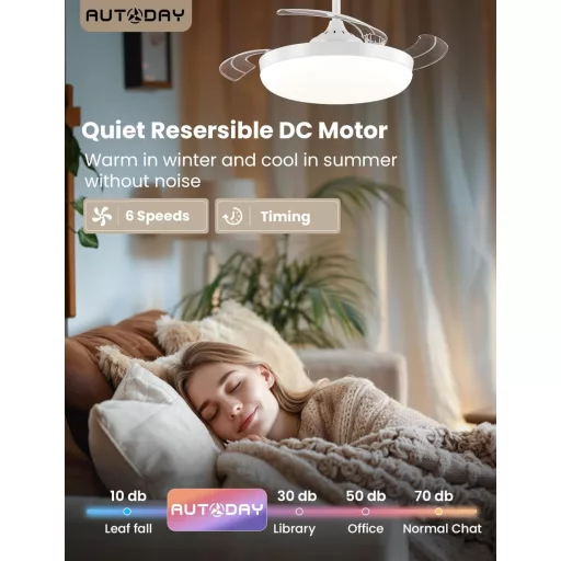 AUTODAY Összecsukható Mennyezeti Ventilátor LED Világítással 108cm Csendes DC Motor Távirányító