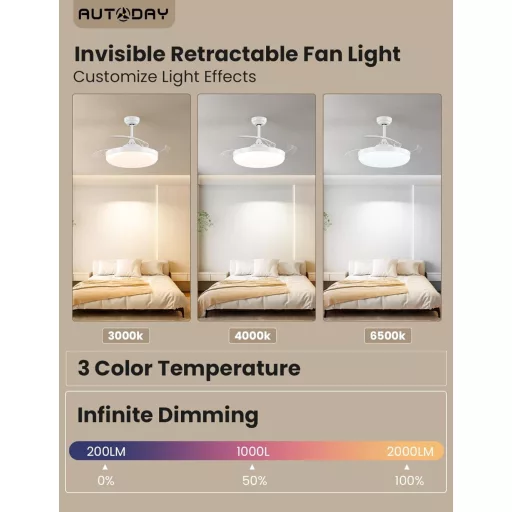 AUTODAY Összecsukható Mennyezeti Ventilátor LED Világítással 108cm Csendes DC Motor Távirányító