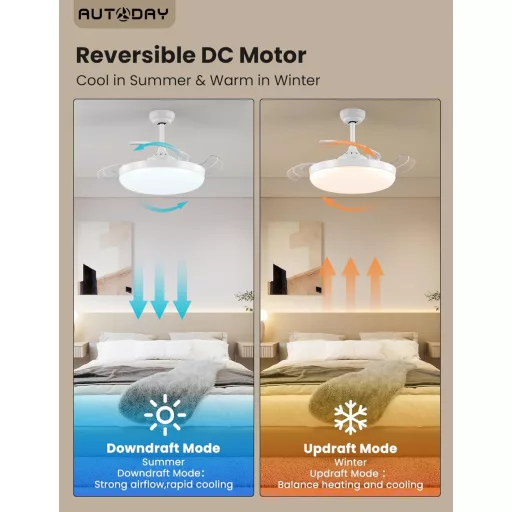 AUTODAY Összecsukható Mennyezeti Ventilátor LED Világítással 108cm Csendes DC Motor Távirányító