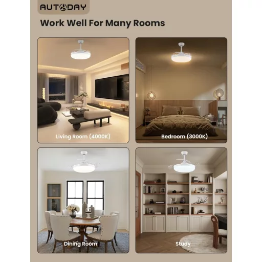 AUTODAY Összecsukható Mennyezeti Ventilátor LED Világítással 108cm Csendes DC Motor Távirányító