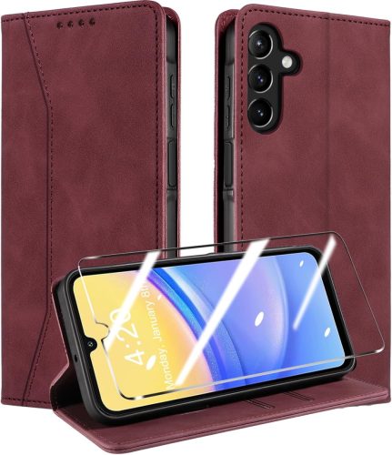 QHOHQ Samsung Galaxy A15 4G/5G Bőr Flip Tok RFID Védelemmel és Edzett Üveg Fóliával - Mágneses Összecsukható Védőtok Multifunkciós Kialakítá