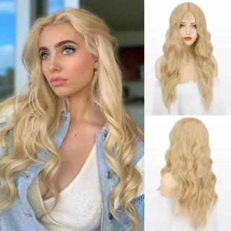  Perucă FESHFEN lungă, ondulată, maro, cu breton dantelat și cărare pe mijloc, 65 cm