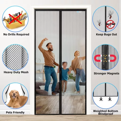Plasă magnetică anti-insecte pentru ușă ESMYULO 60x180 cm - Închidere automată, ideală pentru uși de balcon, pivniță și terasă - Negru