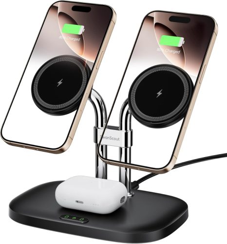 Stație de încărcare inductivă SwanScout 706M duo, încărcător dublu wireless MagSafe pentru iPhone și AirPods