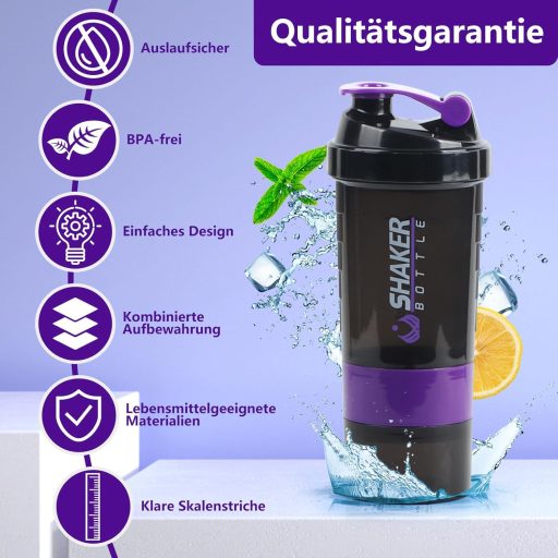 VIGIND Protein Shaker 500ml Fialový - Nepriepustná Šejker fľaša na proteíny s guľôčkou a zásobníkom do posilňovne