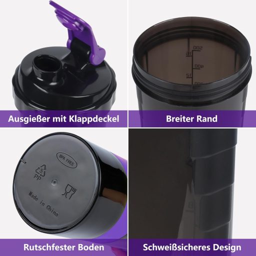 VIGIND Protein Shaker 500ml Fialový - Nepriepustná Šejker fľaša na proteíny s guľôčkou a zásobníkom do posilňovne