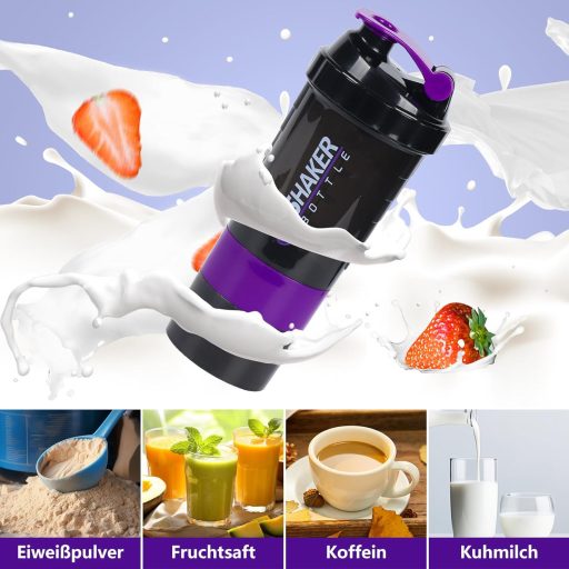 VIGIND Protein Shaker 500ml Fialový - Nepriepustná Šejker fľaša na proteíny s guľôčkou a zásobníkom do posilňovne