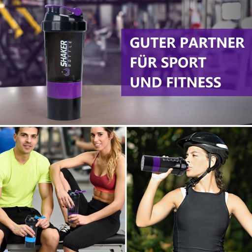 VIGIND Protein Shaker 500ml Fialový - Nepriepustná Šejker fľaša na proteíny s guľôčkou a zásobníkom do posilňovne