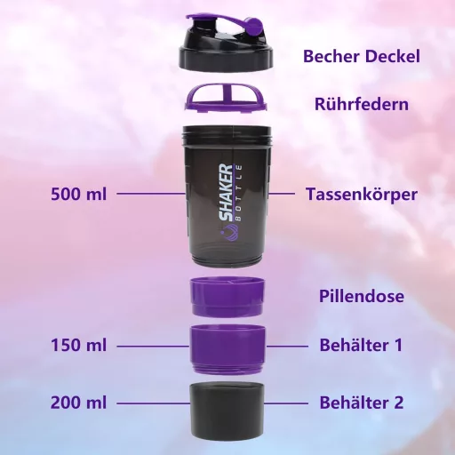 VIGIND Shaker Proteine 500ml Violet - Sticlă Antrenament Proteine Antiscurgere cu Bilă și Compartiment de Depozitare pentru Sală