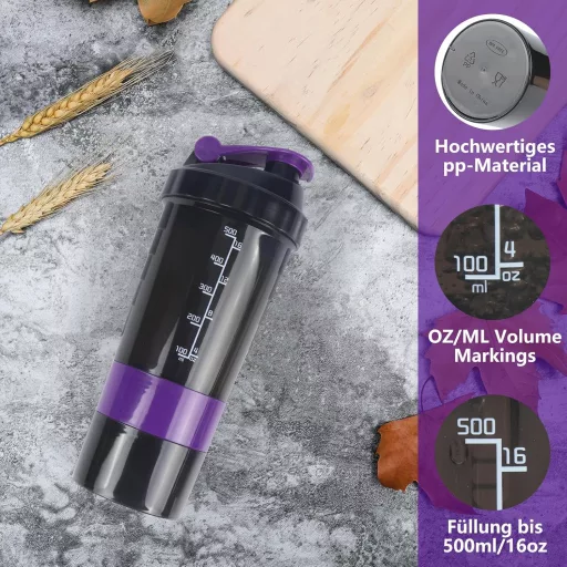 VIGIND Shaker Proteine 500ml Violet - Sticlă Antrenament Proteine Antiscurgere cu Bilă și Compartiment de Depozitare pentru Sală
