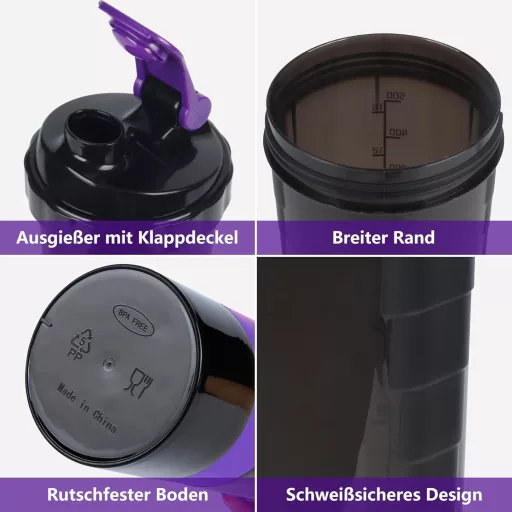 VIGIND Protein Shaker 500ml Lila - Szivárgásmentes Fehérje Turmixpalack Golyóval és Tárolóval Edzőterembe