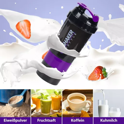 VIGIND Protein Shaker 500ml Lila - Szivárgásmentes Fehérje Turmixpalack Golyóval és Tárolóval Edzőterembe