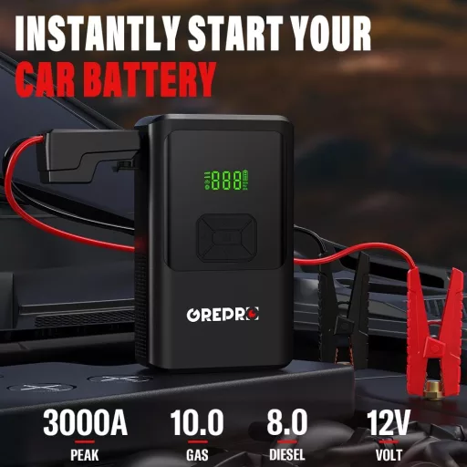 GREPRO 5az1-ben Indítóakkumulátor Kompresszor 3000A 12V Autóhoz LED Kijelzővel