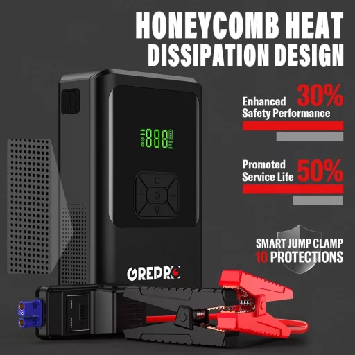 GREPRO 5 în 1, starter auto cu compresor, 3000A, 12V, cu display LED
