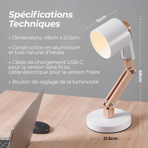 Feelsolar Stolna Lampa - Japandi LED Noćna Svjetiljka s USB Priključkom, 3 Razine Prilagodbe Svjetline, Podesiva Ruka, s E27 LED Žaruljom, +95% C