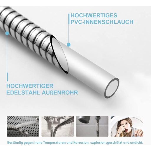 OFFO 1,6 m rozsdamentes acél zuhanycső csavarvédelem és nyomásvédelemmel