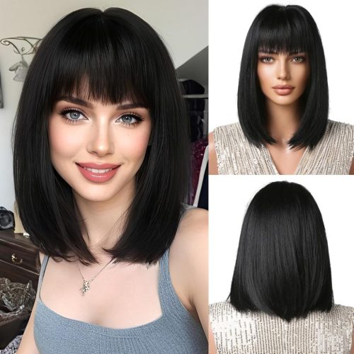 OUFEI Fekete Bob Paróka Frufruval - Rövid Egyenes Műhaj Nőknek - Hőálló Szintetikus Paróka Cosplay, Parti és Hétköznapi Viseletre