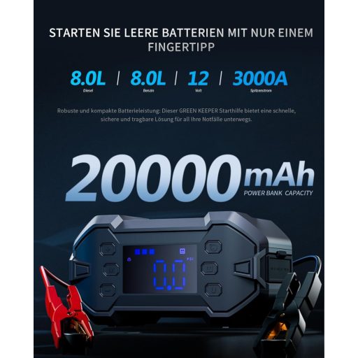 GREEN KEEPER 3000A Hordozható Indítóakkumulátor 12V Benzin Dízel Autóhoz Kompresszorral
